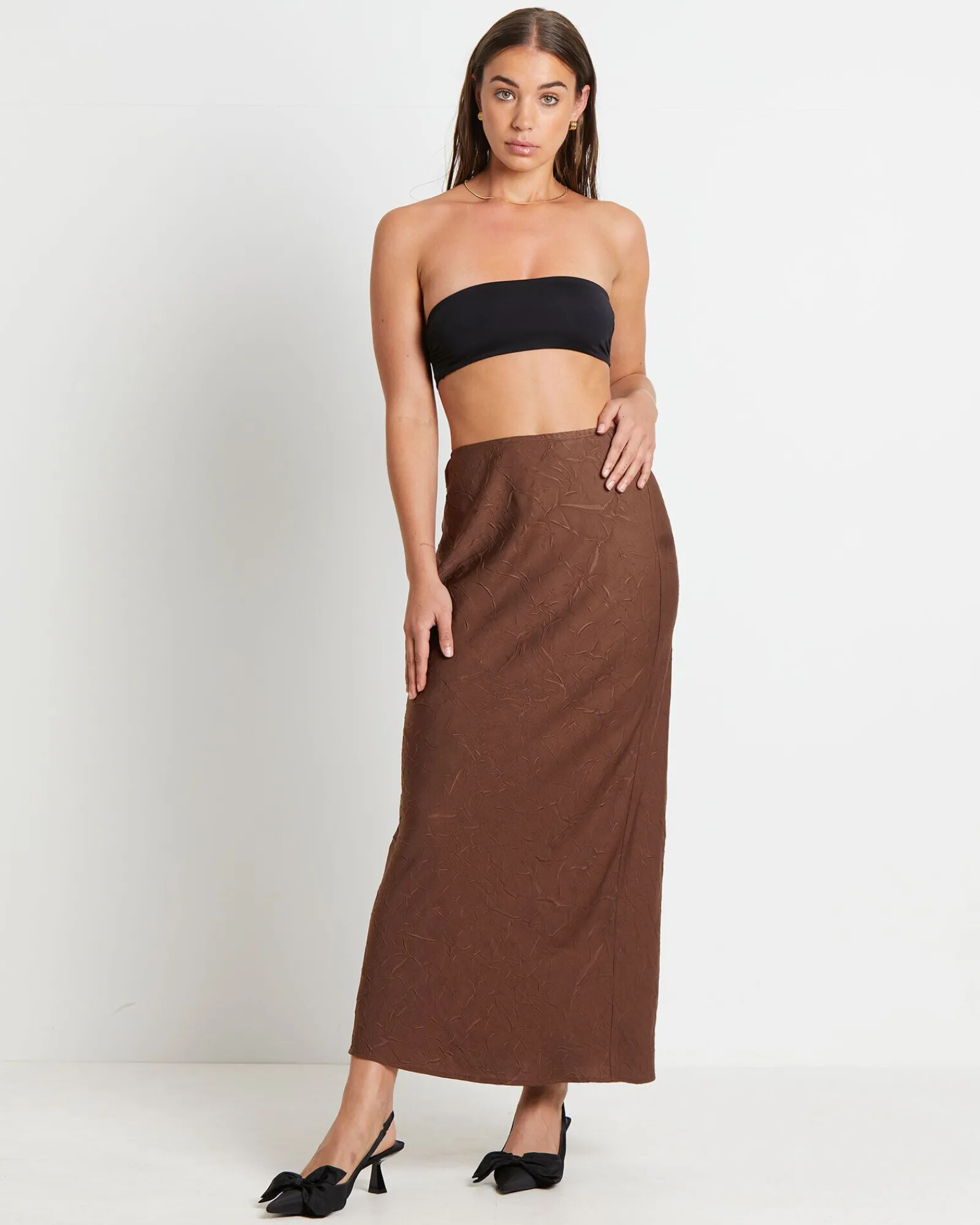 allegra_crinkle_satin_max_2.webp Discount STUDIO Allegra Crinkle Satin Maxi Skirt In Chocolate Brown
