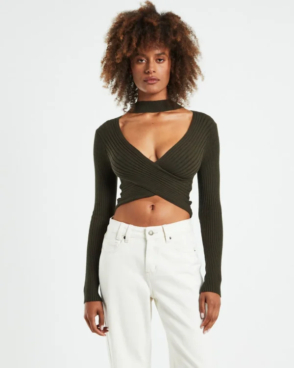 Sale SUBTITLED Amelia Choker Long Sleeve Top Khaki Green