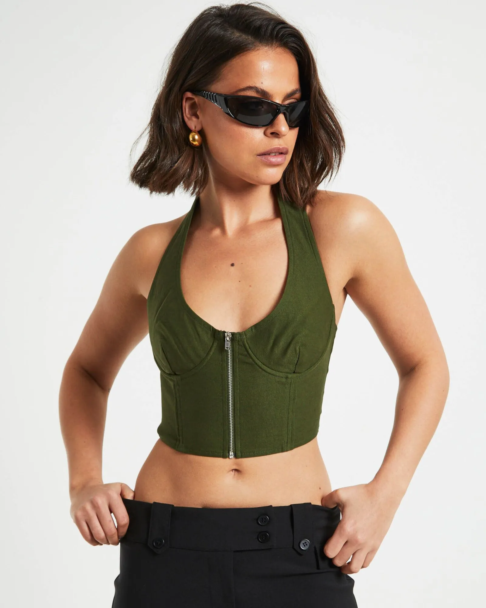athena_zip_front_halter_n_4.webp Outlet NEON HART Athena Zip Front Halter Neck Corset In Khaki Green