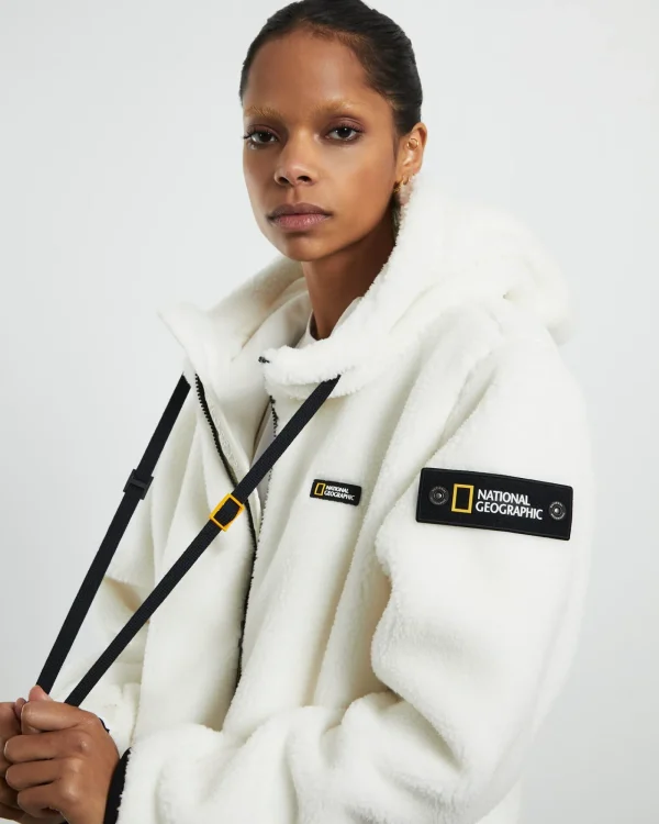 Fashion NATIONAL GEOGRAPHIC Costoni Fleece Hoodie Zip-Up Jacket Sugar Swizzle Ivory