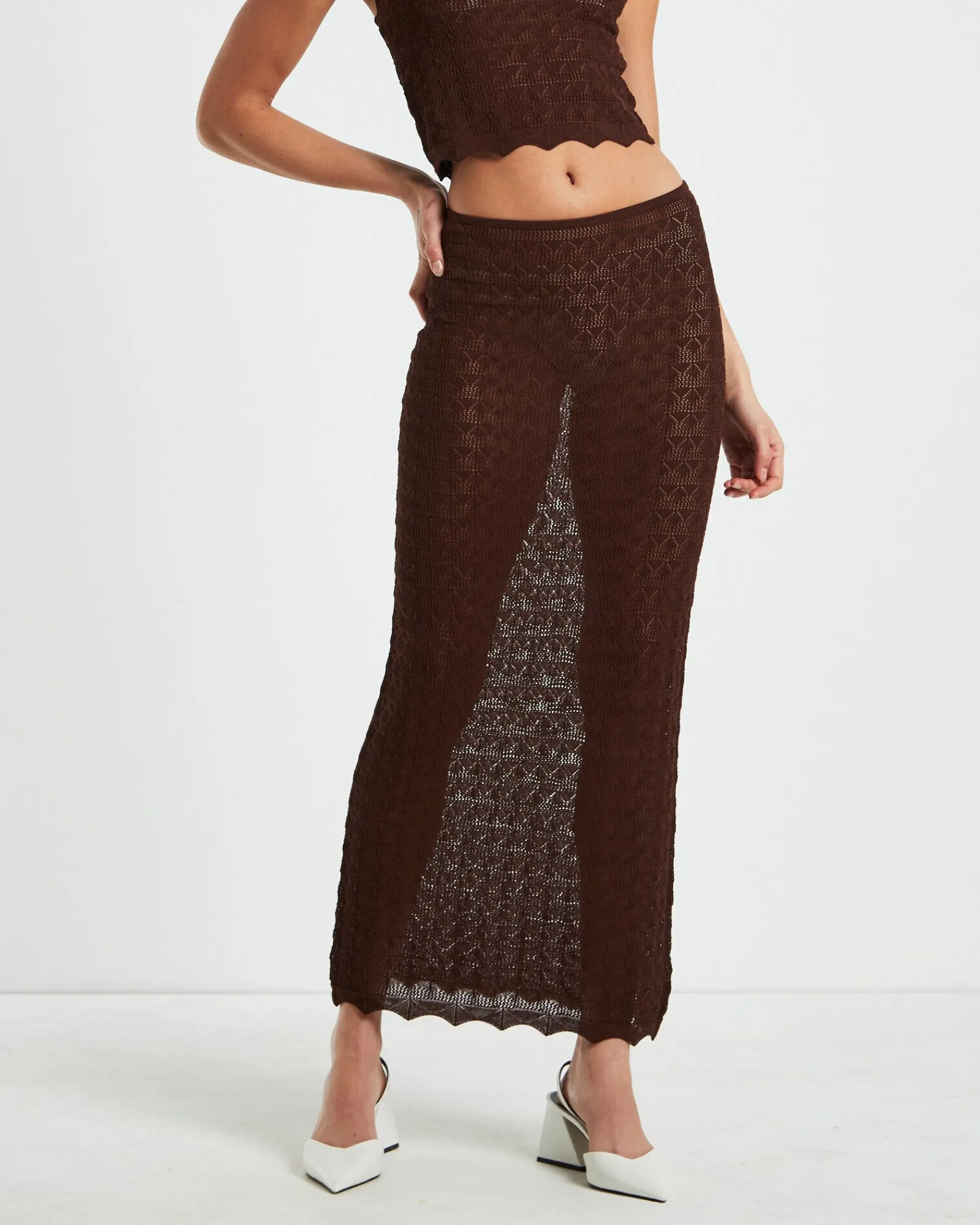 eleanora_lace_knit_maxi_s_0.webp Shop ALICE IN THE EVE Eleanora Lace Knit Maxi Skirt Dark Chocolate Brown