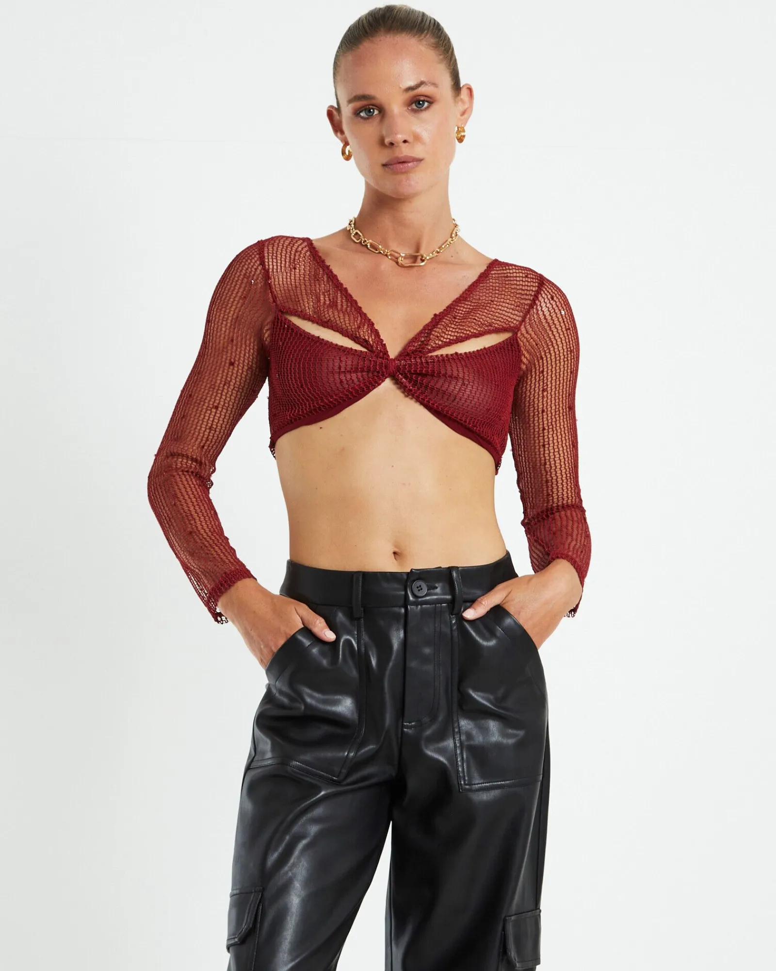 emery_shimmer_mesh_long_s_0.webp Hot ALICE IN THE EVE Emery Shimmer Mesh Long Sleeve Top Garnet Red