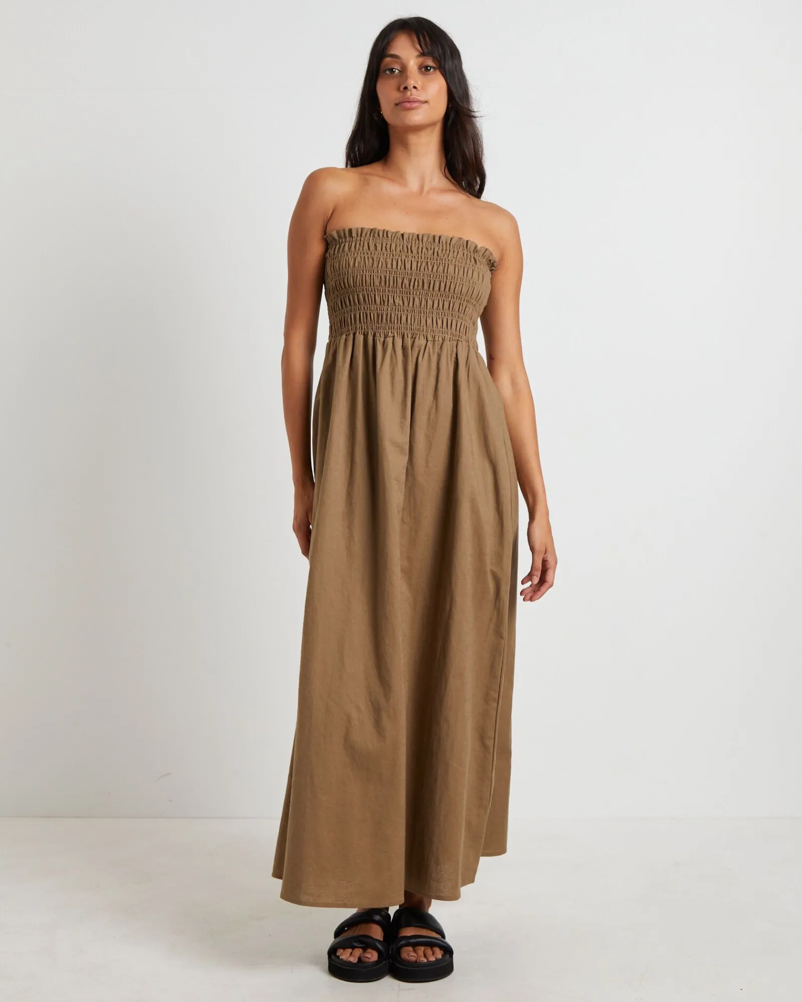 esme_shirred_bandeau_maxi_2.webp Sale SUBTITLED Esme Shirred Bandeau Maxi Dress In Hazelnut Brown