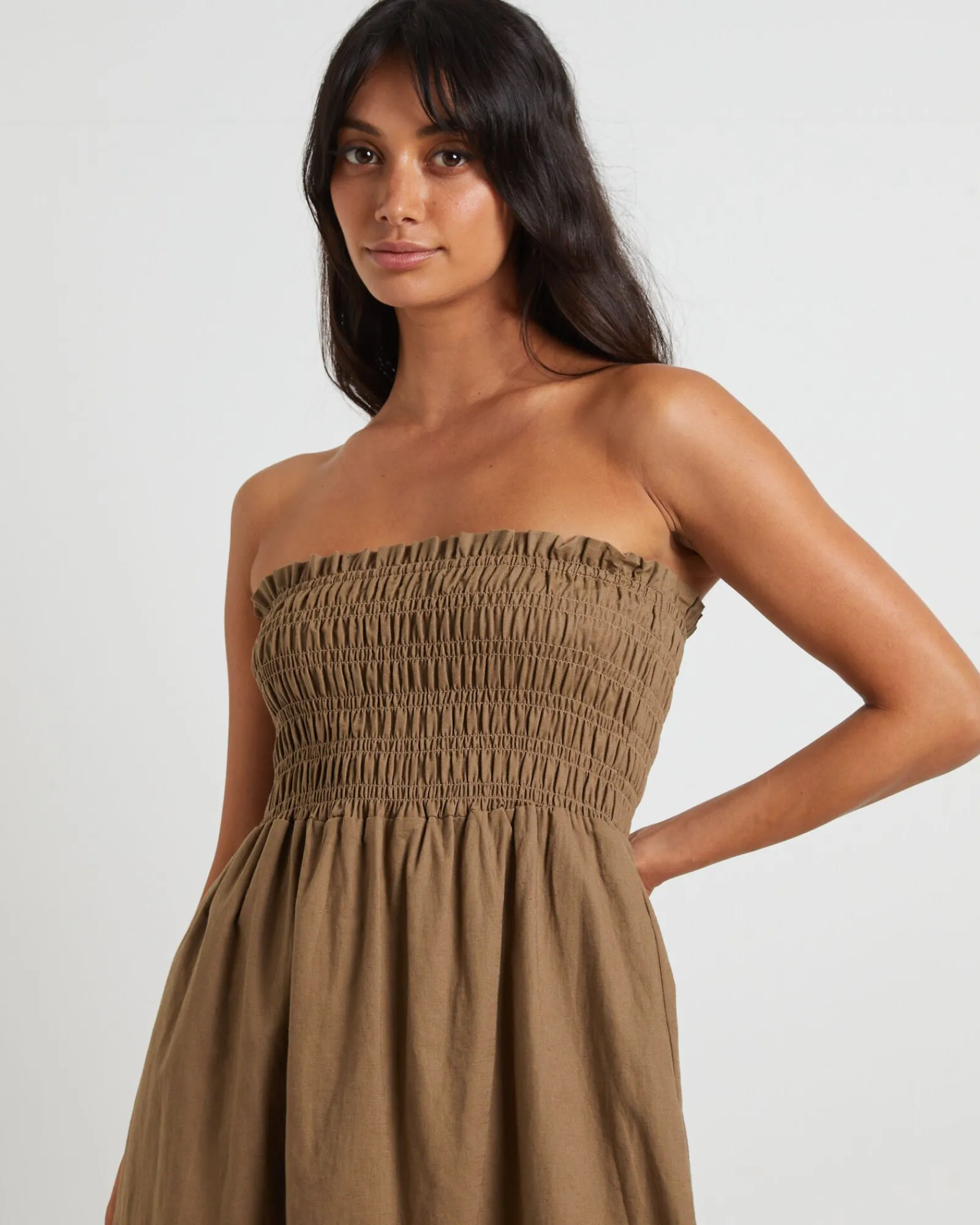 esme_shirred_bandeau_maxi_4.webp Sale SUBTITLED Esme Shirred Bandeau Maxi Dress In Hazelnut Brown