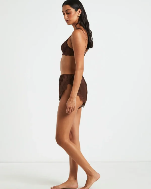 New LOVE NOTES Exie Cheeky Runner Silky Shorts In Chocolate Brown