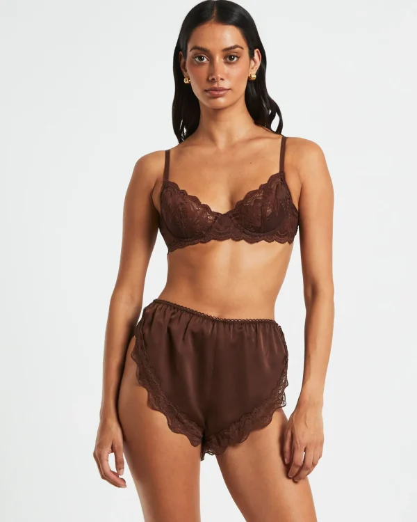 New LOVE NOTES Exie Cheeky Runner Silky Shorts In Chocolate Brown