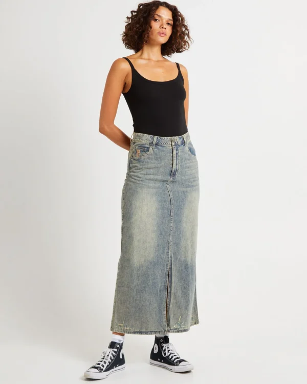 Discount ONE TEASPOON High Waisted Denim Column Skirt Dirty Blue