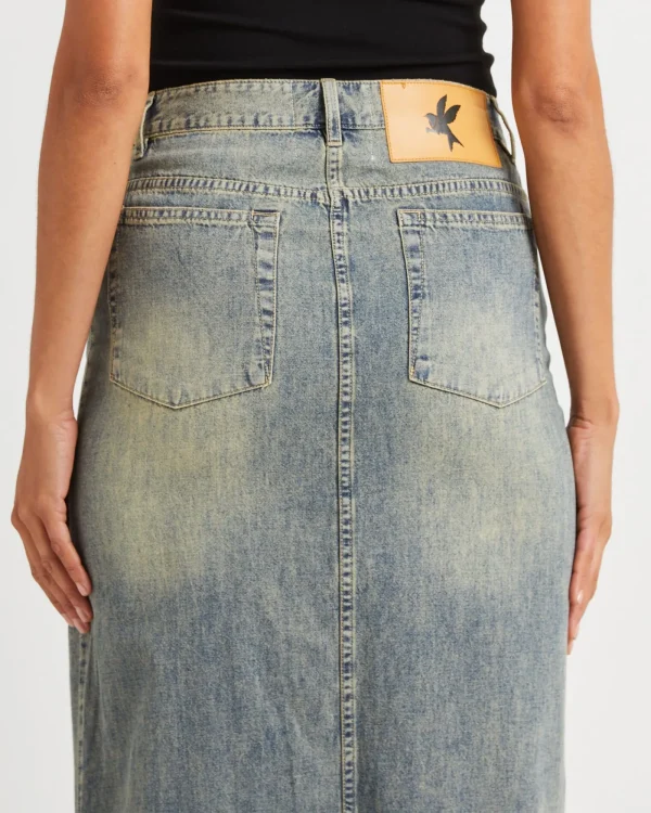 Discount ONE TEASPOON High Waisted Denim Column Skirt Dirty Blue