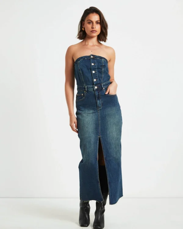 Flash Sale INSIGHT Howdy Denim Tube Midi Dress In Vintage Blue