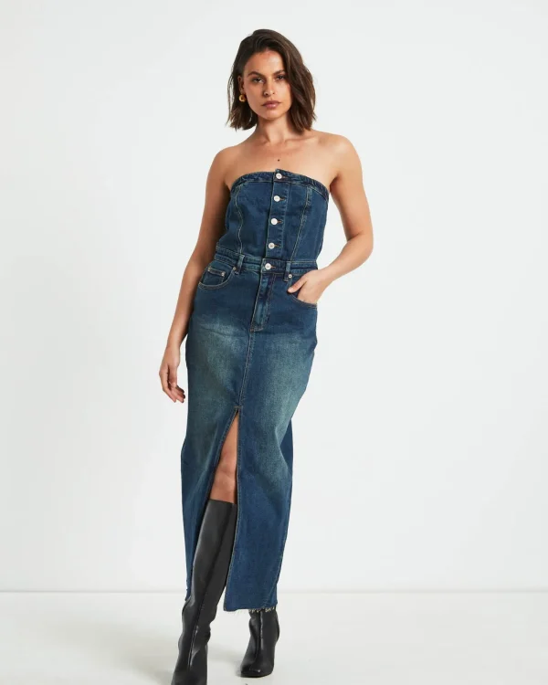 Flash Sale INSIGHT Howdy Denim Tube Midi Dress In Vintage Blue
