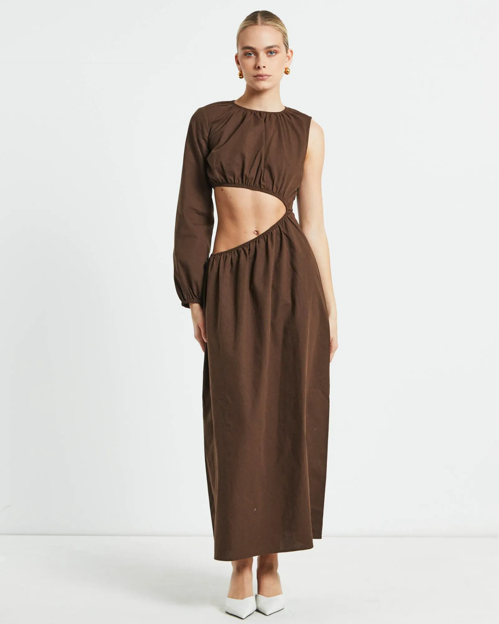 isobel_one_shoulder_cut_o_3.webp Clearance SUBTITLED Isobel One Shoulder Cut Out Midi Dress In Chocolate