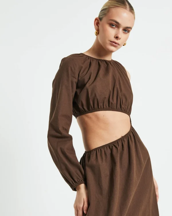 Clearance SUBTITLED Isobel One Shoulder Cut Out Midi Dress In Chocolate