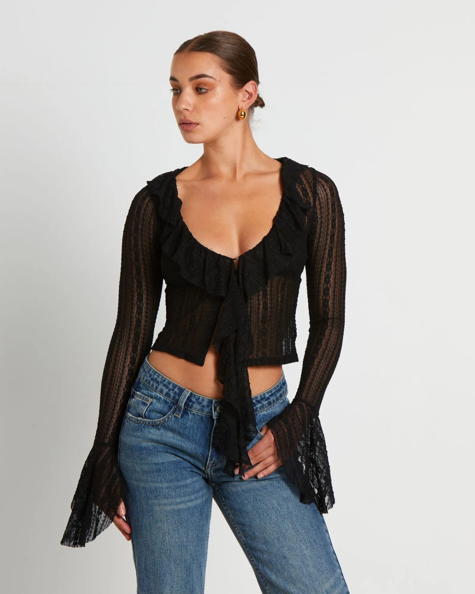 janie_fairy_core_lace_plu_0.webp Shop NEON HART Janie Fairy Core Lace Plunge Shirt In Black