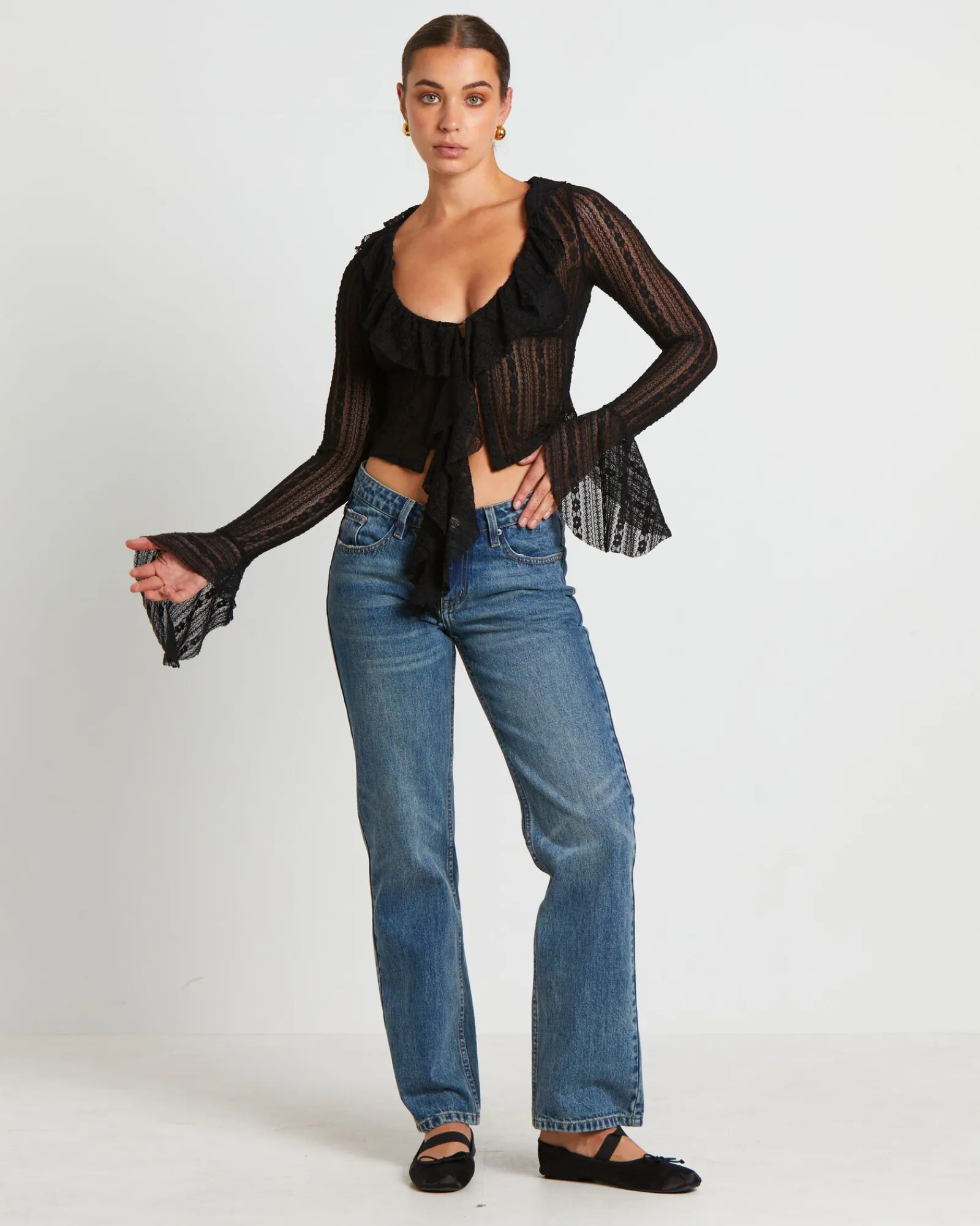 janie_fairy_core_lace_plu_2.webp Shop NEON HART Janie Fairy Core Lace Plunge Shirt In Black