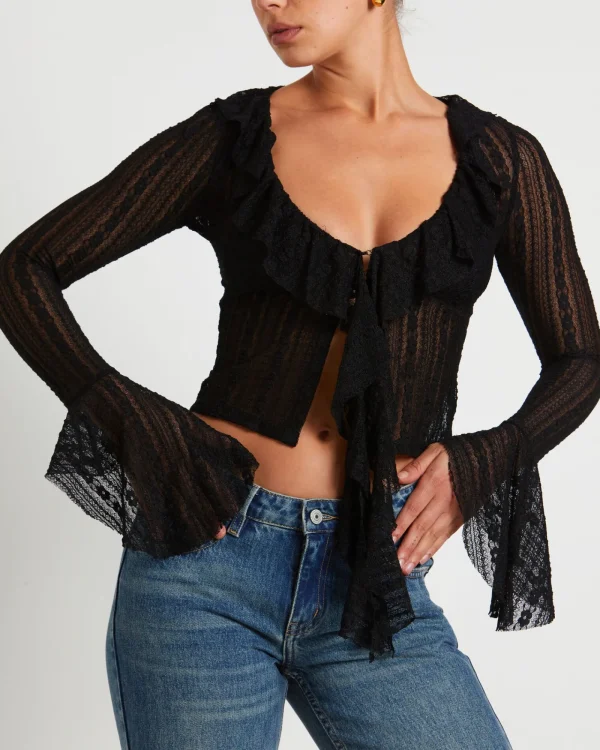 Shop NEON HART Janie Fairy Core Lace Plunge Shirt In Black