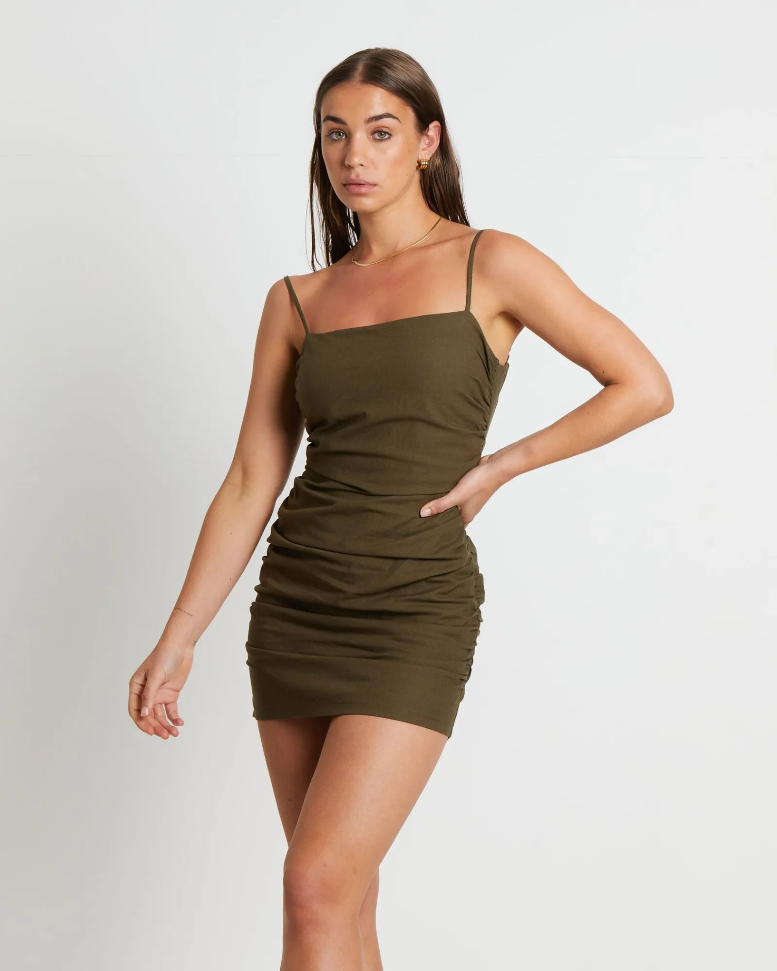 jorje_gather_mini_dress_i_0.webp Cheap SUBTITLED Jorje Gather Mini Dress In Olive Green