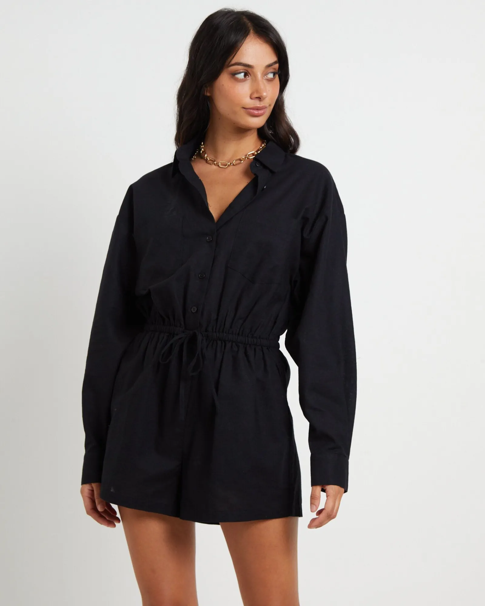 joslin_boxy_long_sleeve_s_0-1.webp Shop SUBTITLED Joslin Boxy Long Sleeve Shirt Playsuit In Black