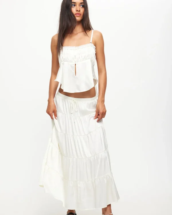Hot LIONESS Keira Tiered Midi Skirt In Porcelain