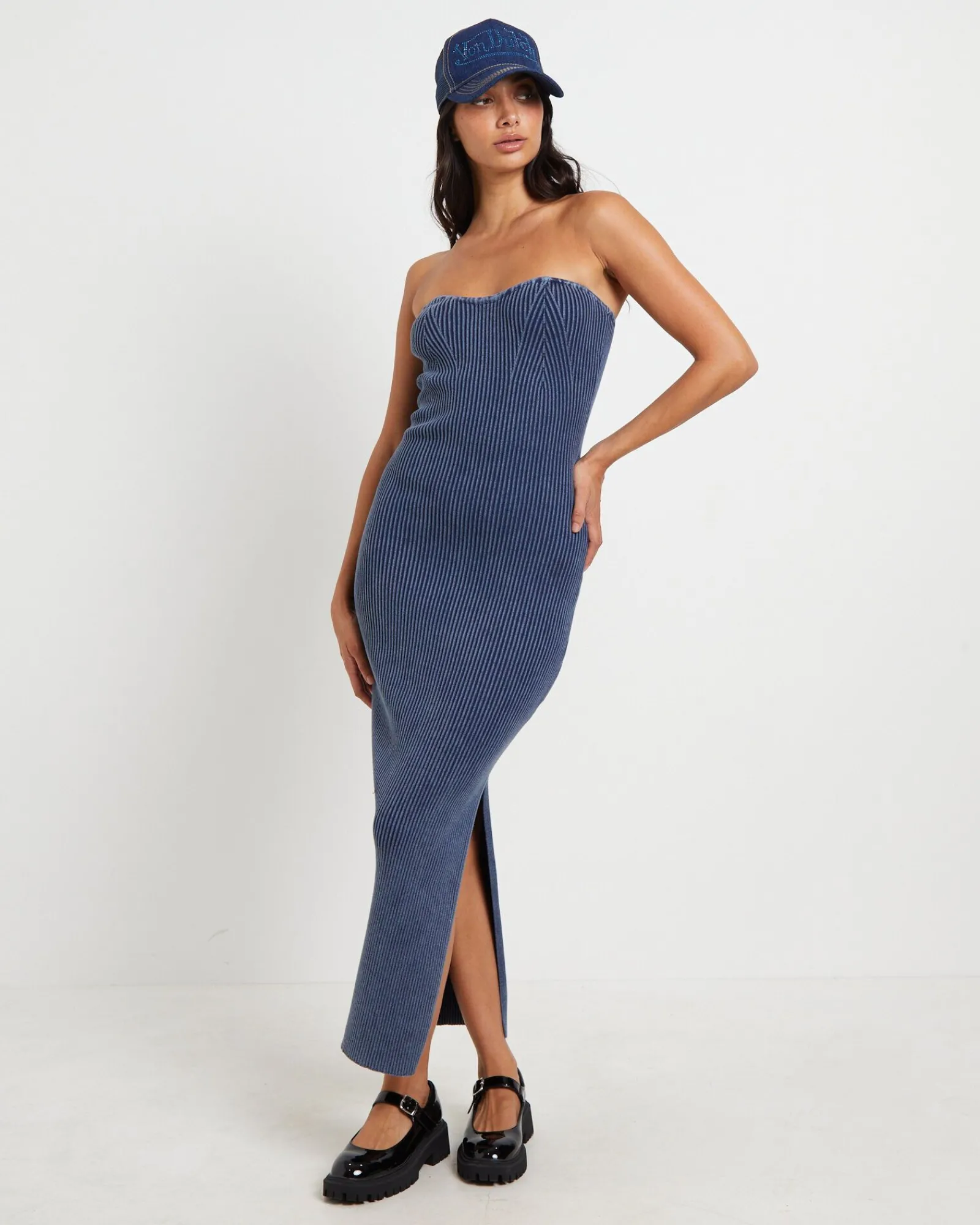 kiah_acid_rib_knit_bandea_0.webp Outlet NEON HART Kiah Acid Rib Knit Bandeau Midi Dress In Blue