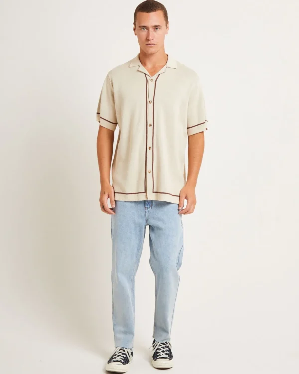 Clearance ARVUST Knit Bowling Short Sleeve Shirt In Natural