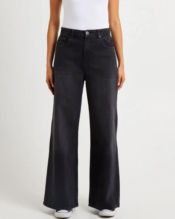 Clearance ONE TEASPOON Love Machines Mid Waist Super Wide Leg Denim Jeans Washed Black