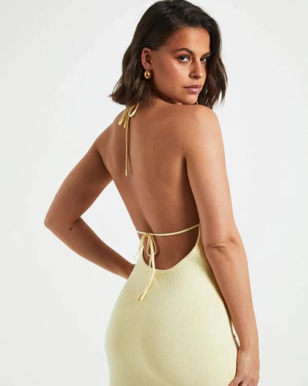 Discount SUBTITLED Mimi Knit Tie Back Midi Dress In Butter Yellow