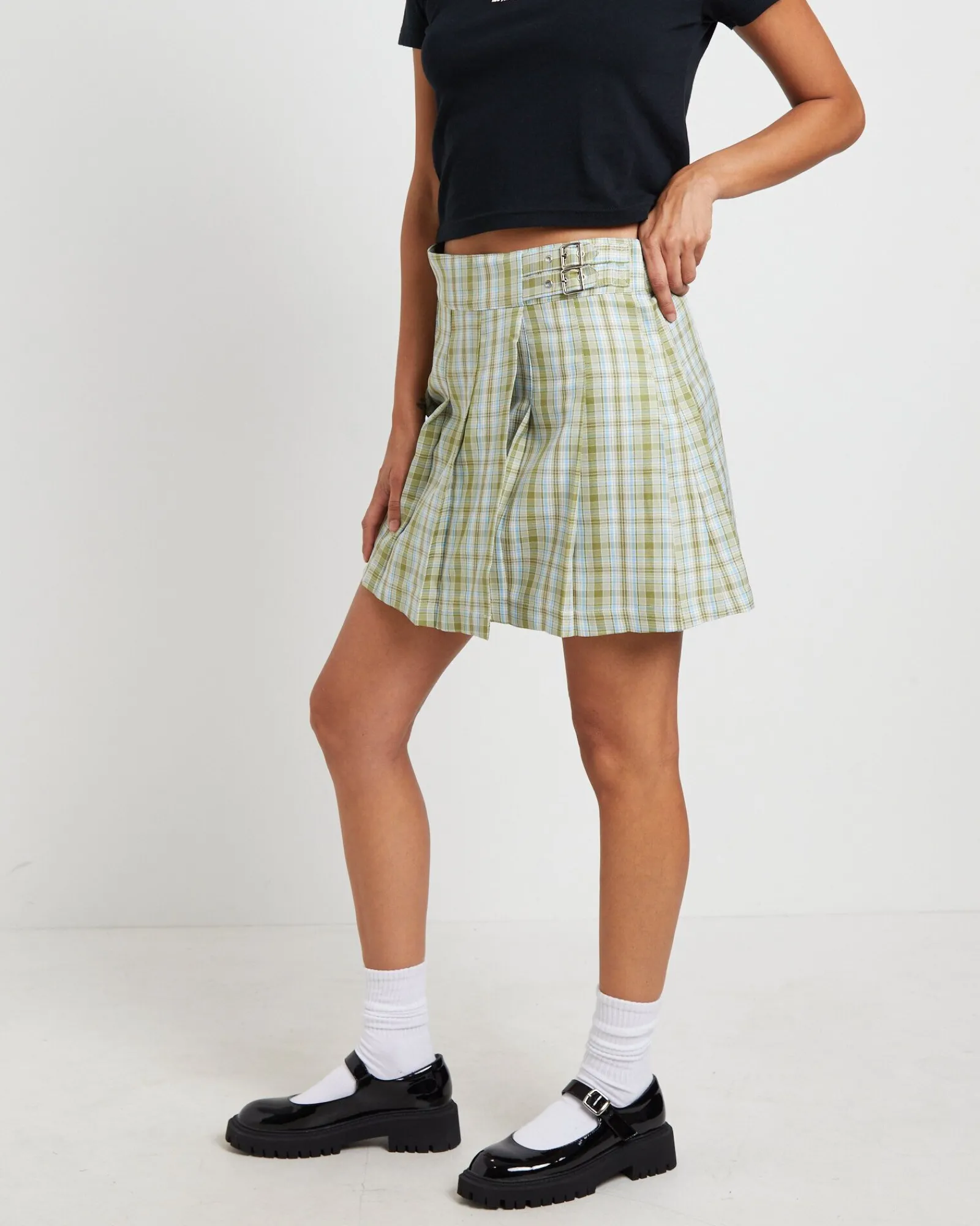 plaid_pleated_skirt_in_ar_3.webp Discount X GIRL Plaid Pleated Skirt In Army Green