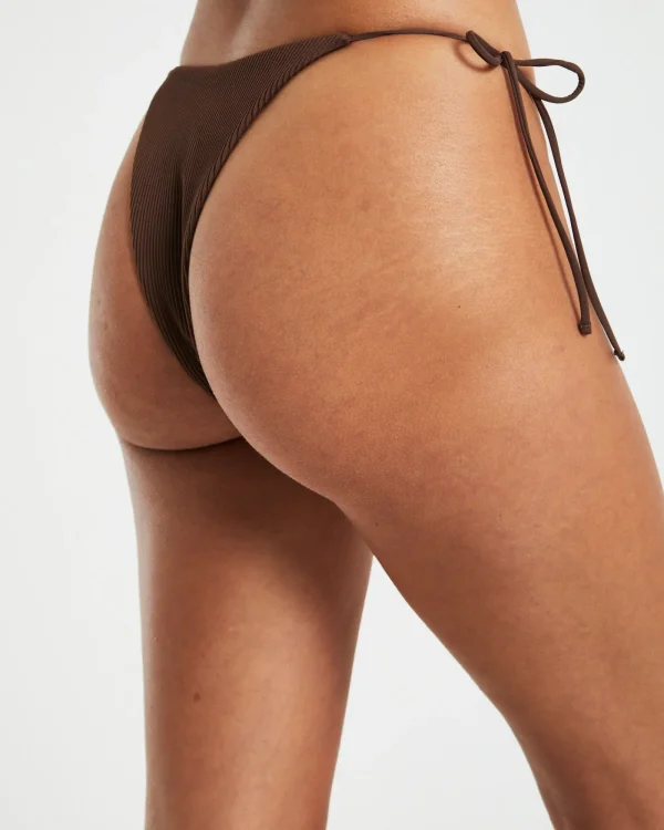 Shop SUBTITLED Rib Skinny Strap Tie Side Bikini Bottoms In Chocolate Brown