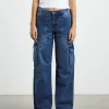 Hot ONE TEASPOON Rosewood Cargo Mid Waist Wide Leg Jeans Jackson Blue