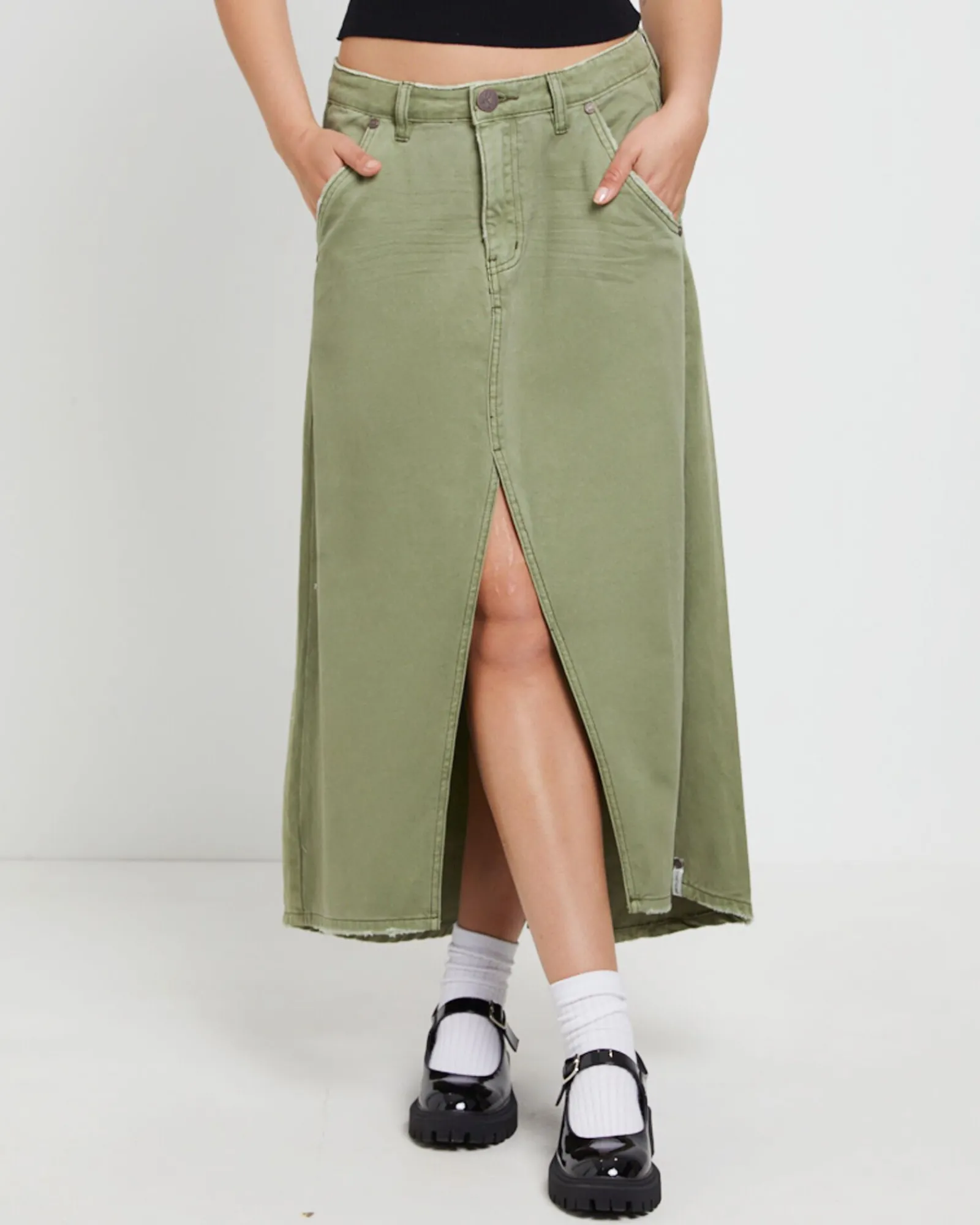 st_khaki_mrs_carter_long__0.webp Sale ONE TEASPOON St Khaki Mrs Carter Long Denim Skirt In Green
