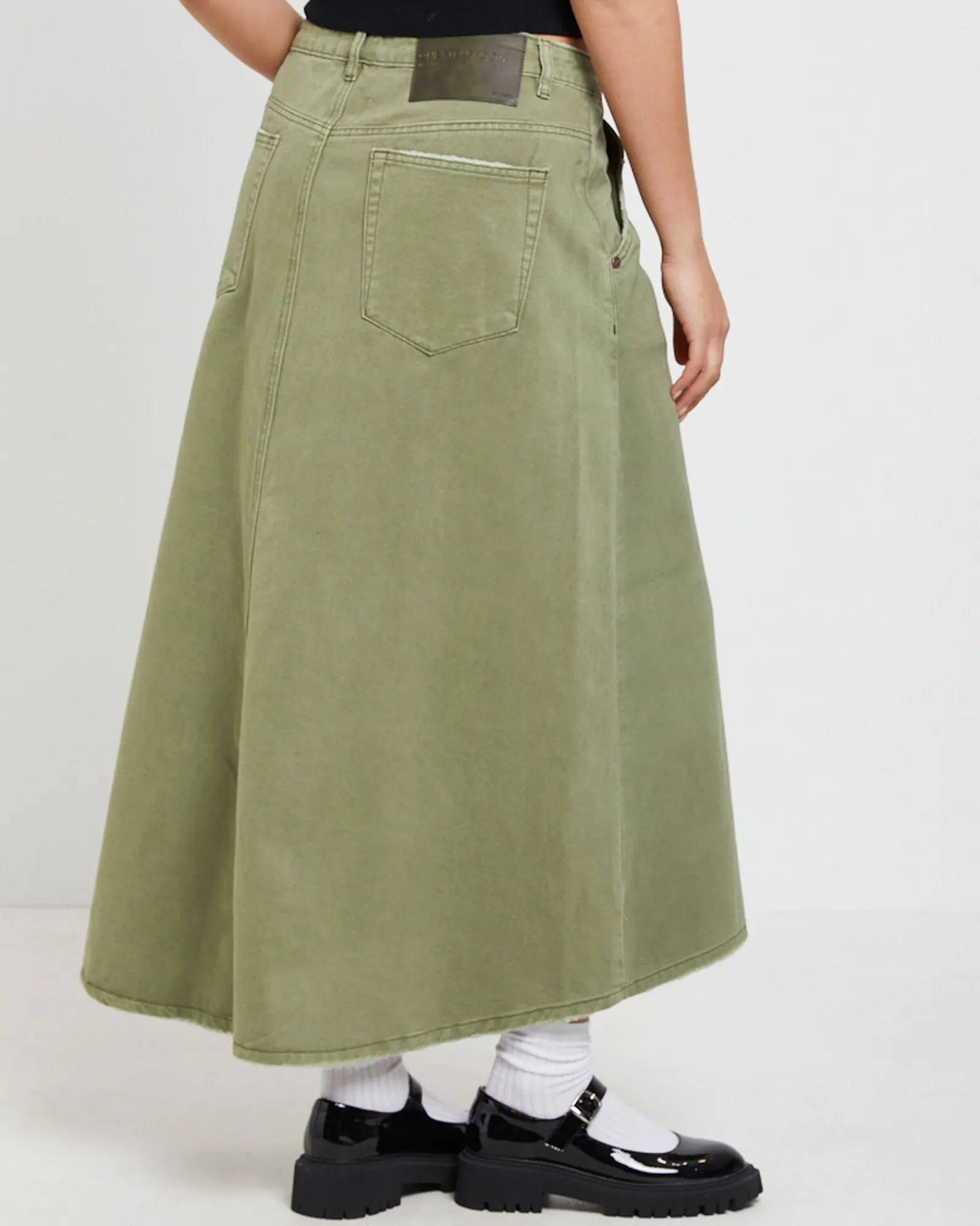 st_khaki_mrs_carter_long__1.webp Sale ONE TEASPOON St Khaki Mrs Carter Long Denim Skirt In Green