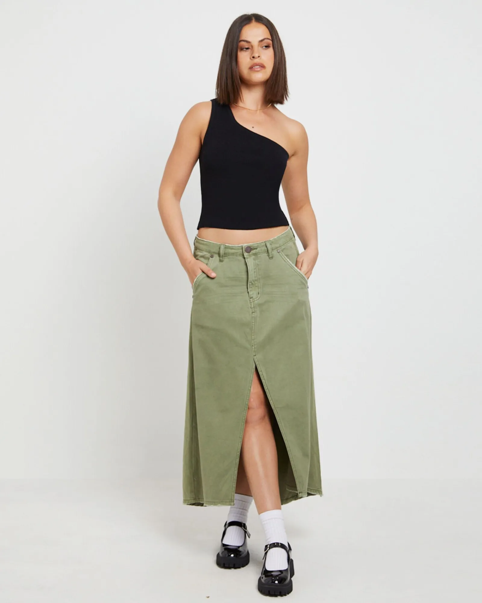 st_khaki_mrs_carter_long__2.webp Sale ONE TEASPOON St Khaki Mrs Carter Long Denim Skirt In Green