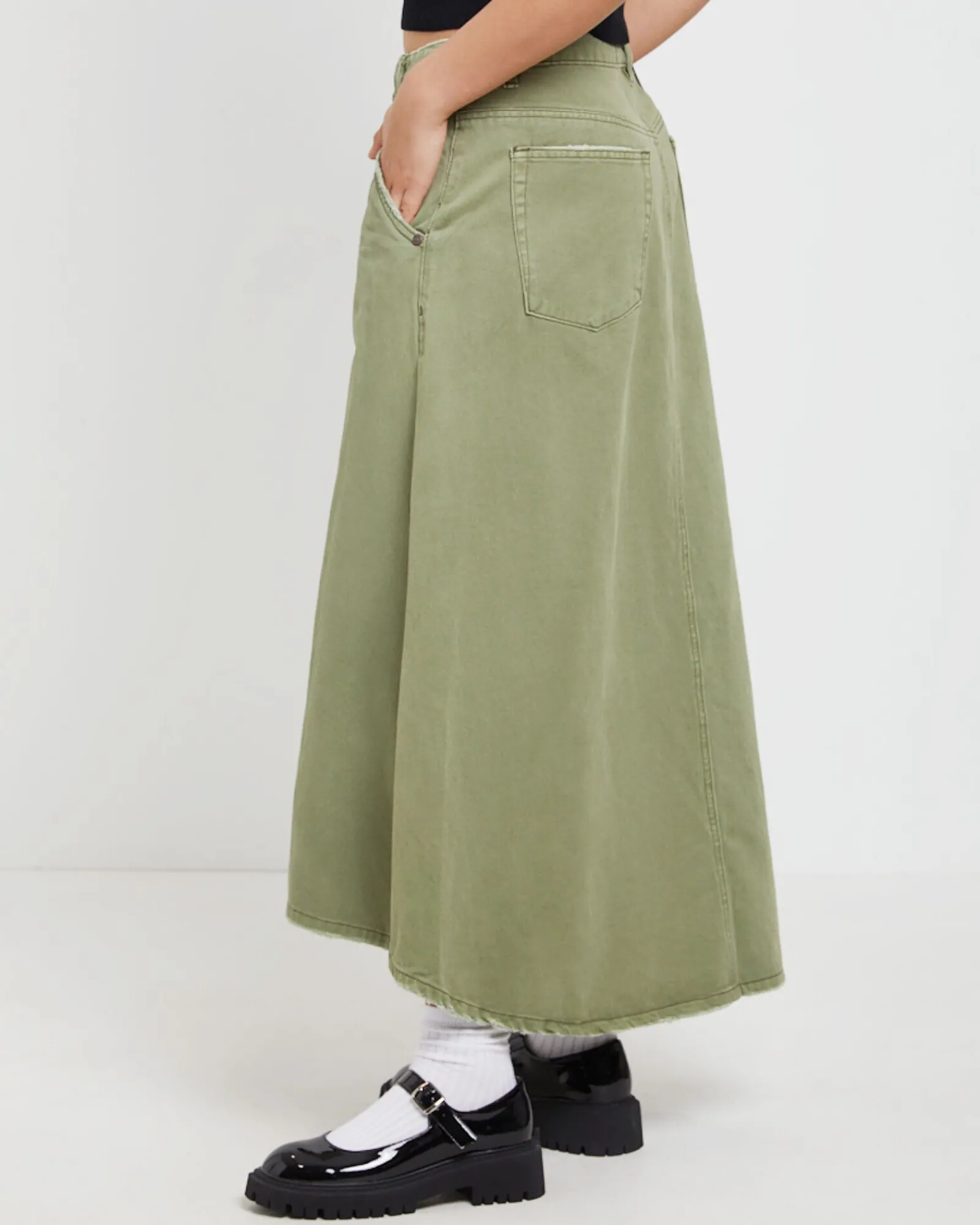 st_khaki_mrs_carter_long__3.webp Sale ONE TEASPOON St Khaki Mrs Carter Long Denim Skirt In Green