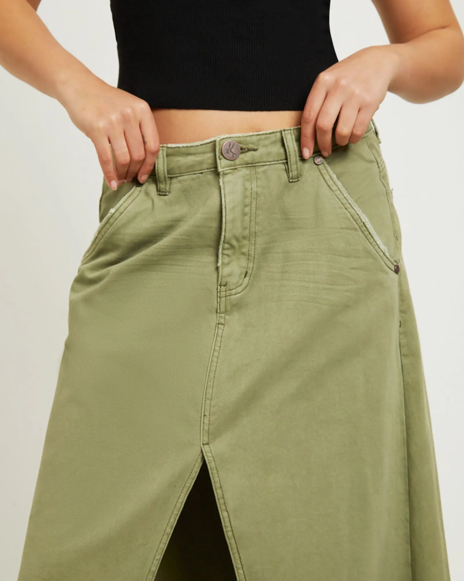 st_khaki_mrs_carter_long__4.webp Sale ONE TEASPOON St Khaki Mrs Carter Long Denim Skirt In Green