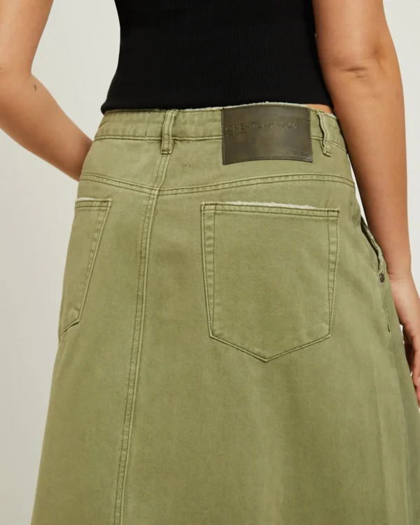 Sale ONE TEASPOON St Khaki Mrs Carter Long Denim Skirt In Green