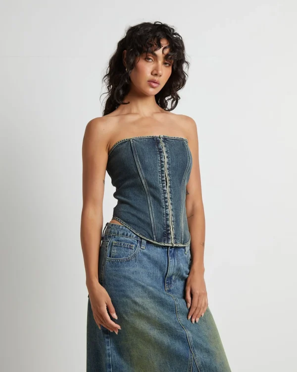 Online NEON HART Taytum Hook + Eye Front Denim Corset In Vintage Tint