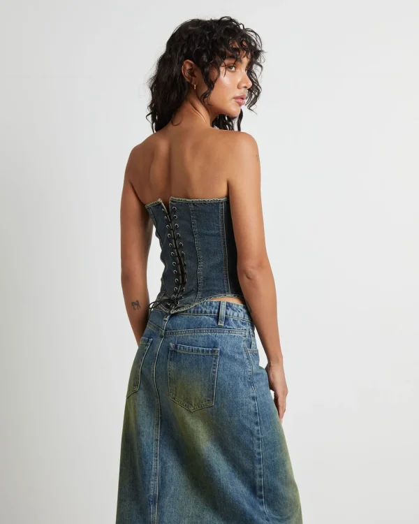 Online NEON HART Taytum Hook + Eye Front Denim Corset In Vintage Tint