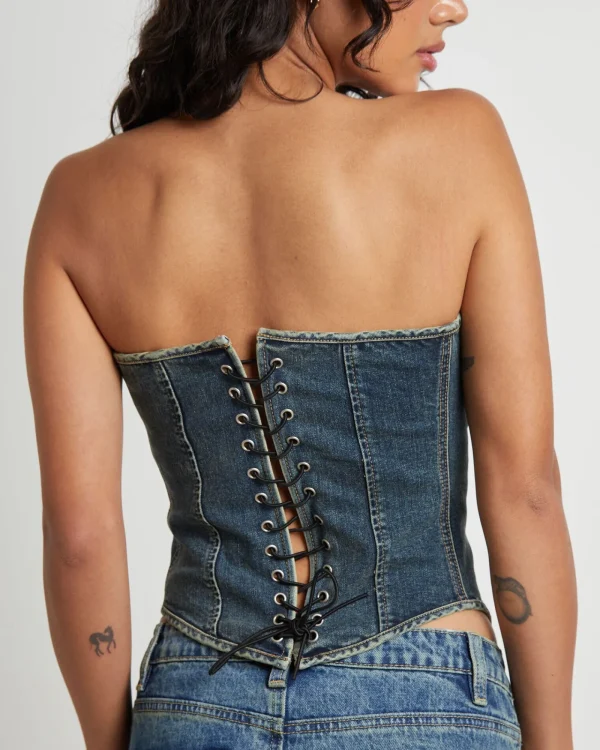 Online NEON HART Taytum Hook + Eye Front Denim Corset In Vintage Tint