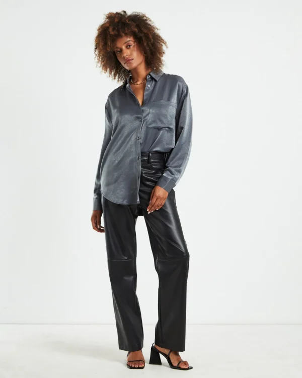 New ALICE IN THE EVE Tina Silky Oversized Long Sleeve Shirt Charcoal