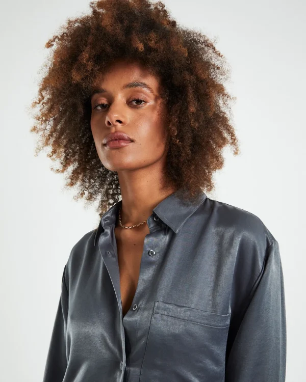 New ALICE IN THE EVE Tina Silky Oversized Long Sleeve Shirt Charcoal