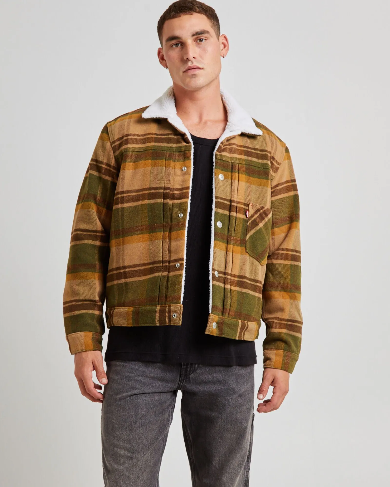 type__sherpa_trucker_jack_0.webp Online LEVIS Type 1 Sherpa Trucker Jacket Barold Plaid Winter Moss